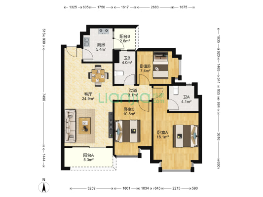 恒大郦湖城 3室1厅2卫 104平方