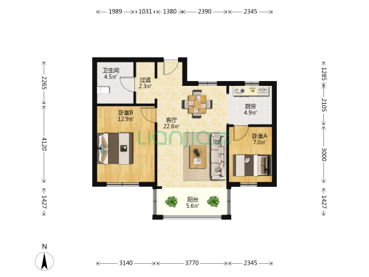 百盛花园 2室1厅1卫 75平方
