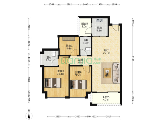 怡翠尊堤荟园 3室1厅2卫 91平方