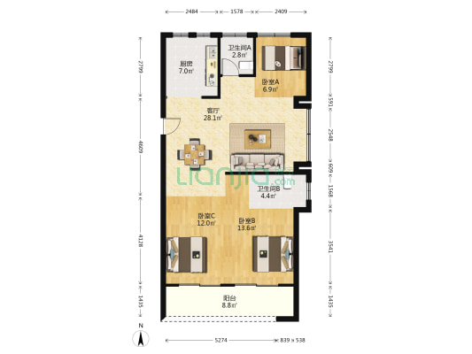 绿城朝华郡 3室1厅2卫 108平方