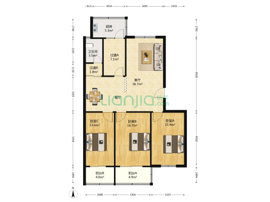 黄河路16号 3室1厅1卫 131平方