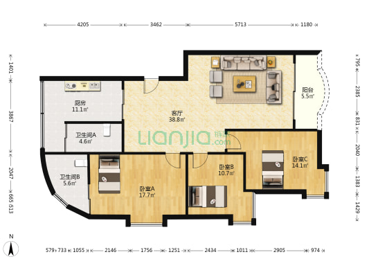 祥乐居 3室1厅2卫 128平方