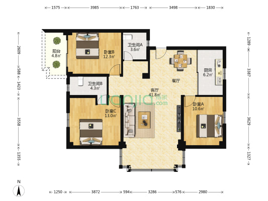 中福城 3室1厅2卫 109平方