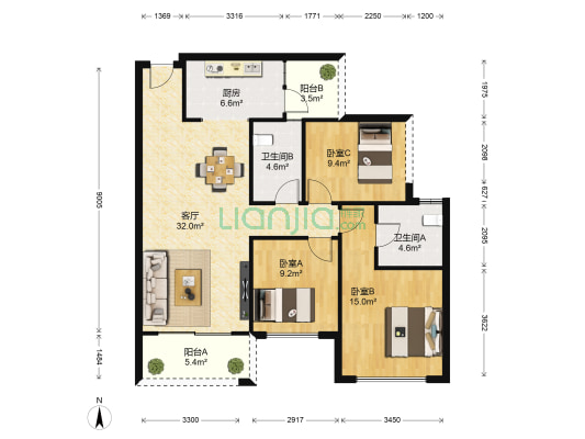 汉军五象一号 3室1厅2卫 104平方