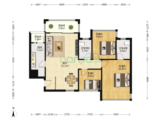 瀚林上筑 3室1厅2卫 96平方