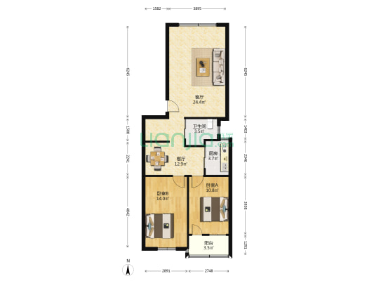 海口市电子总公司宿舍 2室2厅1卫 87平方