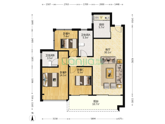 维港湾花园 3室1厅2卫 104平方