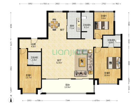 建发美的珺和府 3室1厅3卫 162平方