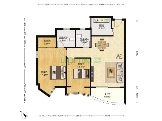 拓展公寓 2室1厅2卫 103平方