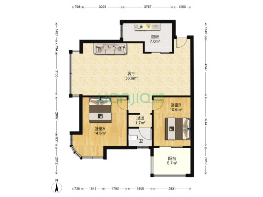 月湖兰庭 2室1厅1卫 90平方