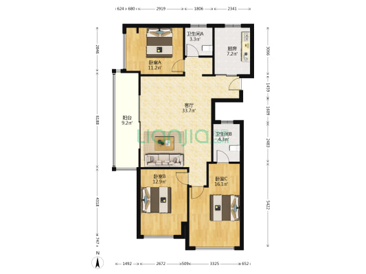 万科大都会五期 3室1厅2卫 125平方
