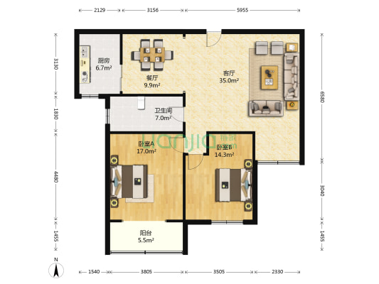 尚城国际 2室2厅1卫 124平方