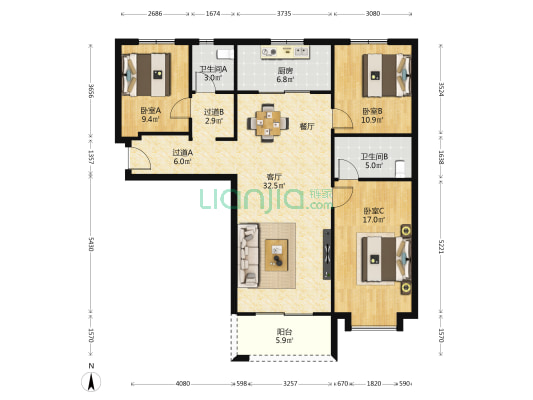 奥园誉府 3室1厅2卫 132平方