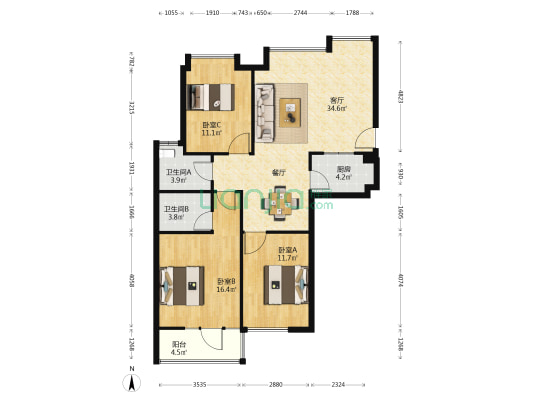 长源大厦 3室1厅2卫 121平方