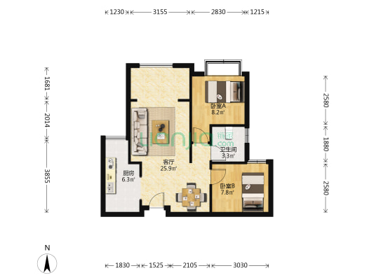 银泰商业城精装2室，房子保持九成新，出行方便-户型图