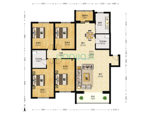 嘉麟花园 4室2厅2卫 176平方