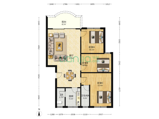 华光商廈 3室1厅2卫 99平方