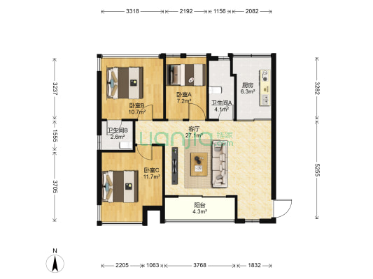 中铁城吉第三期 3室1厅2卫 84平方