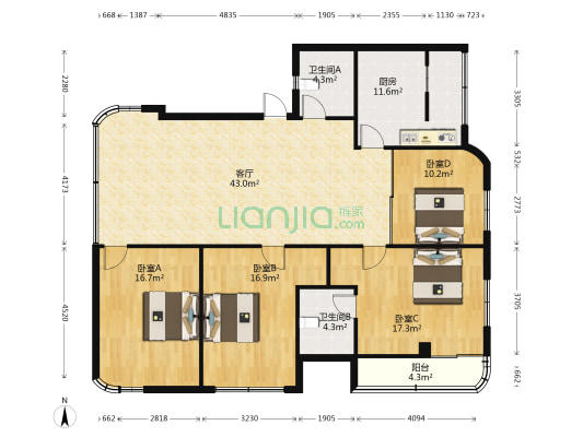 南兴大厦 4室1厅2卫 133平方