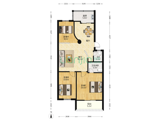 梅柳永恒新村 3室1厅2卫 95平方