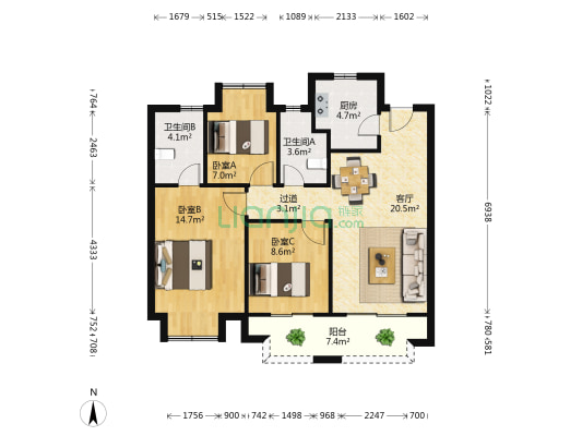 逸品花园 3室1厅2卫 95平方