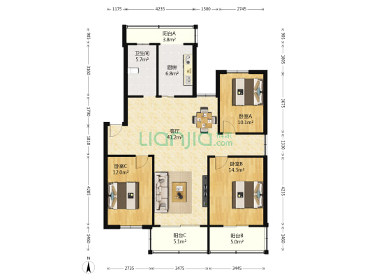 中前公寓 3室1厅1卫 130平方