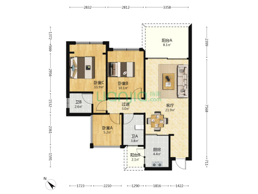紫园 3室1厅2卫 88平方