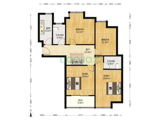 和美家园 2室1厅2卫 125平方