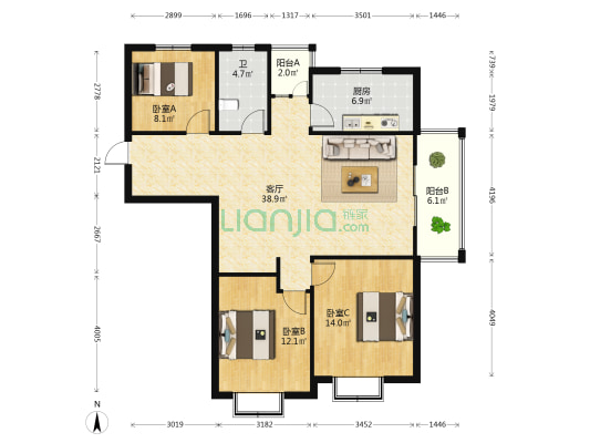鸿富家园 3室1厅1卫 122平方
