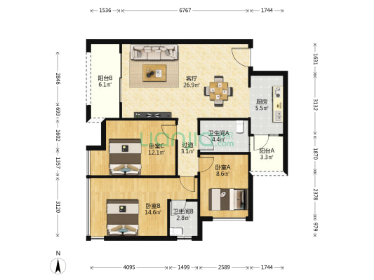 天生天城C区 3室1厅2卫 103平方