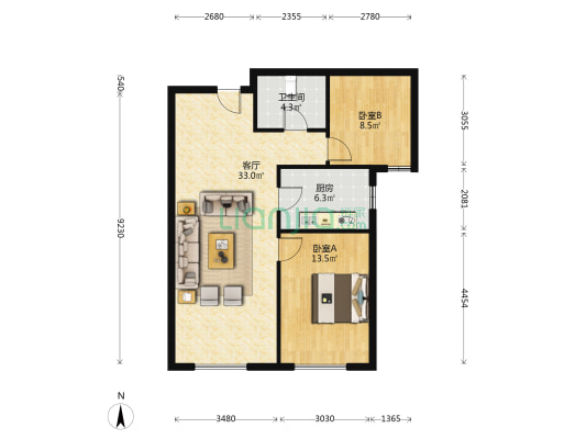 近高铁 南两居 高层无遮挡 位置安静 精装修-户型图