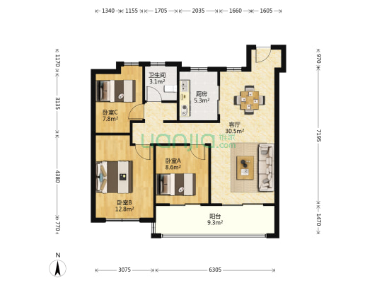 依云兰庭 3室1厅1卫 98平方