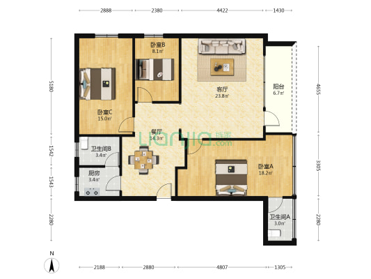 华美大厦 3室2厅2卫 102平方