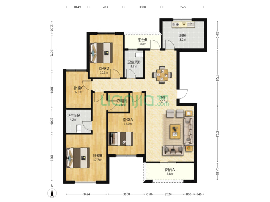 牛皋花苑 4室1厅2卫 144平方