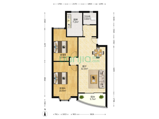 静安新城八区 2室1厅1卫 89平方