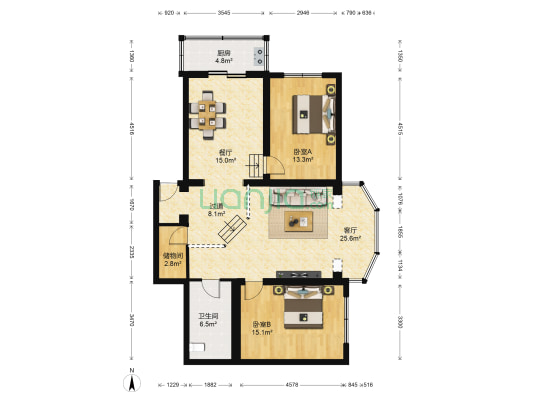 幸福家园 2室2厅1卫 118平方