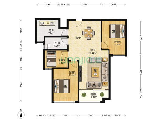 水晶湖郡A区 3室1厅1卫 115平方