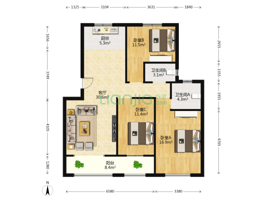 府厚名门 3室1厅2卫 109平方