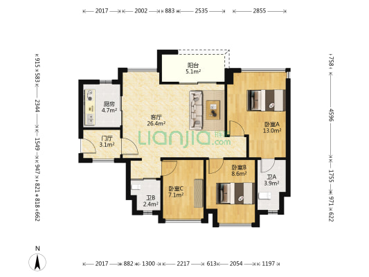 万科金域蓝湾二期 3室1厅2卫 93平方