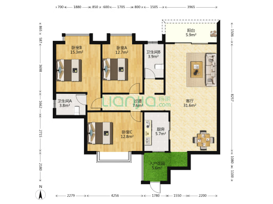 天香国际 3室1厅2卫 127平方