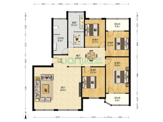 张桓路3号 4室2厅1卫 157平方