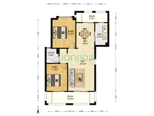 滨海新天地2期 2室2厅1卫 107平方
