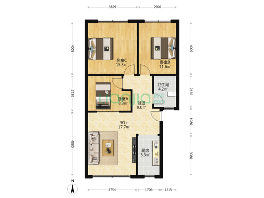 阳谷岭居民区 3室1厅1卫 78平方