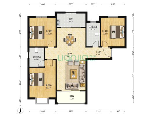 北京地铁云邸 3室1厅2卫 126平方