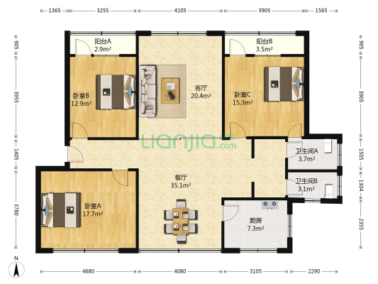 人民银行家属院 3室2厅2卫 136平方