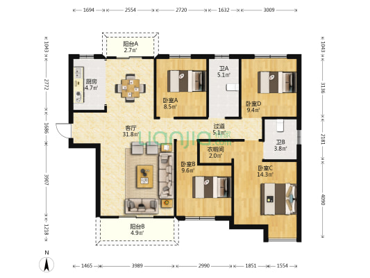 香江龙湾西苑 4室1厅2卫 139平方
