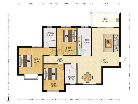 领袖壹方 3室1厅2卫 129平方