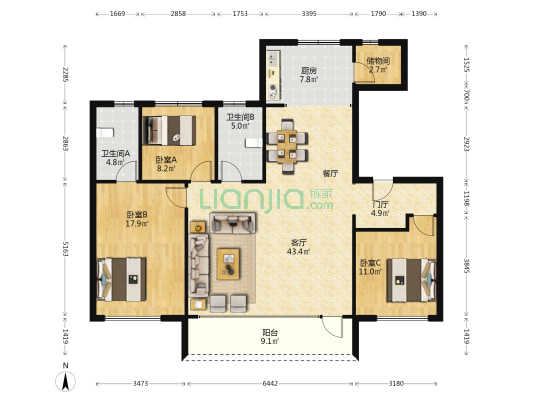 保利天汇公园壹号 3室1厅2卫 140平方