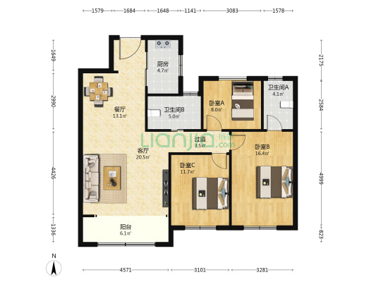 世茂璀璨珑府北区 3室2厅2卫 126平方