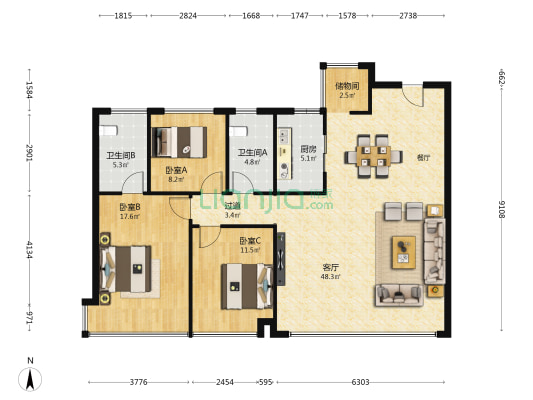 中天新希望·未来印 3室1厅2卫 143平方